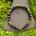 Tigerauge, Sandelholz + Edelstahl, elastisches Armband mit Naturstein, 8 mm