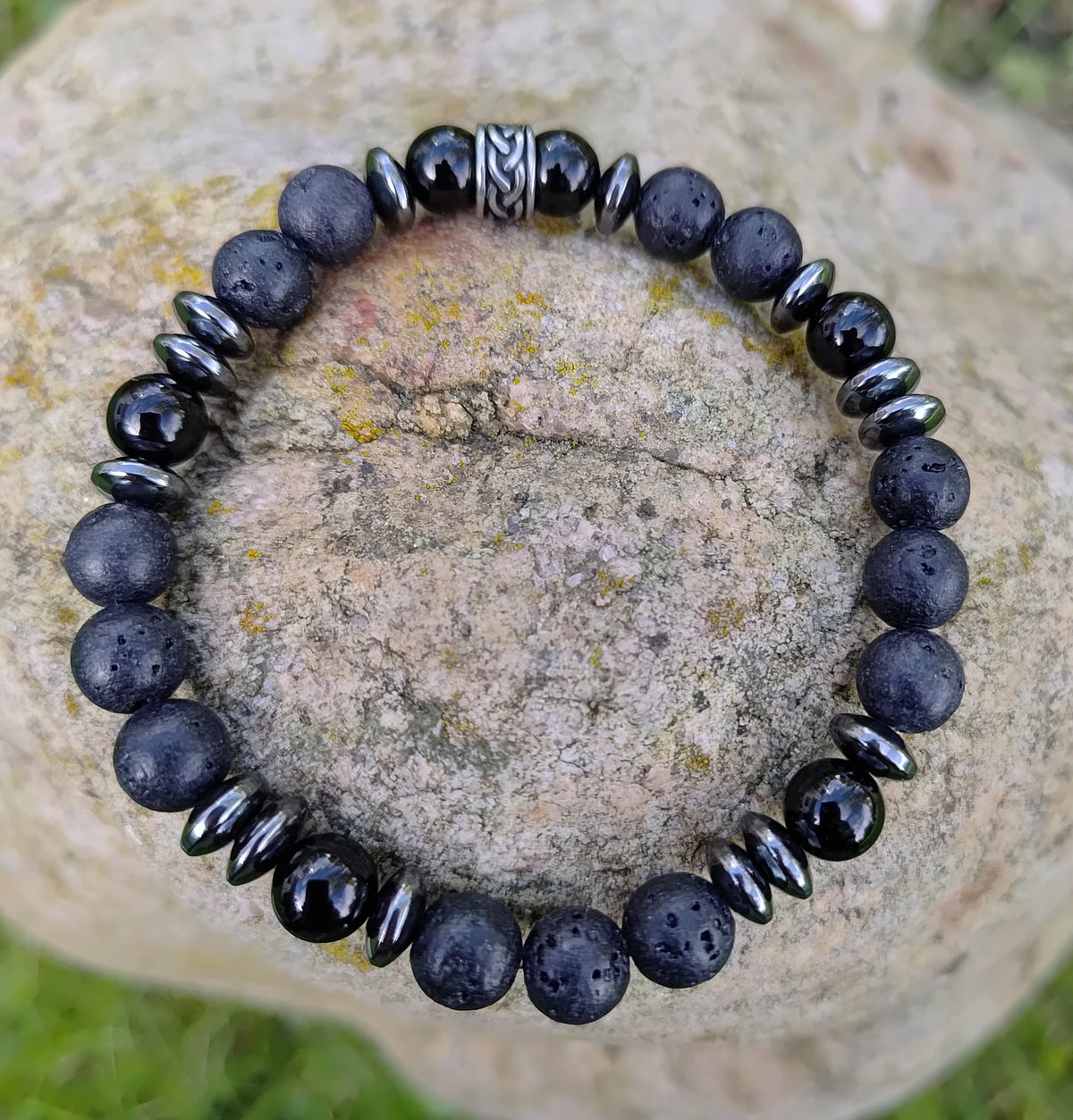 Onyx, Hämatit, Lavastein + Edelstahl, elastisches Armband mit Naturstein, 8 mm