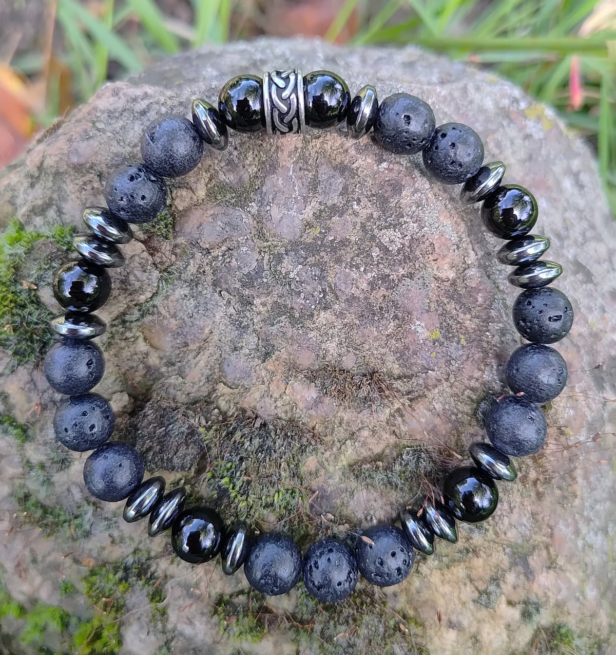 Onyx, Hämatit, Lavastein + Edelstahl, elastisches Armband mit Naturstein, 8 mm