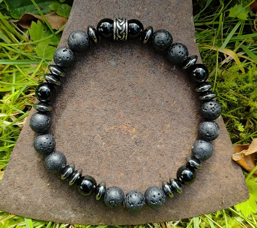 Onyx, Hämatit, Lavastein + Edelstahl, elastisches Armband mit Naturstein, 8 mm