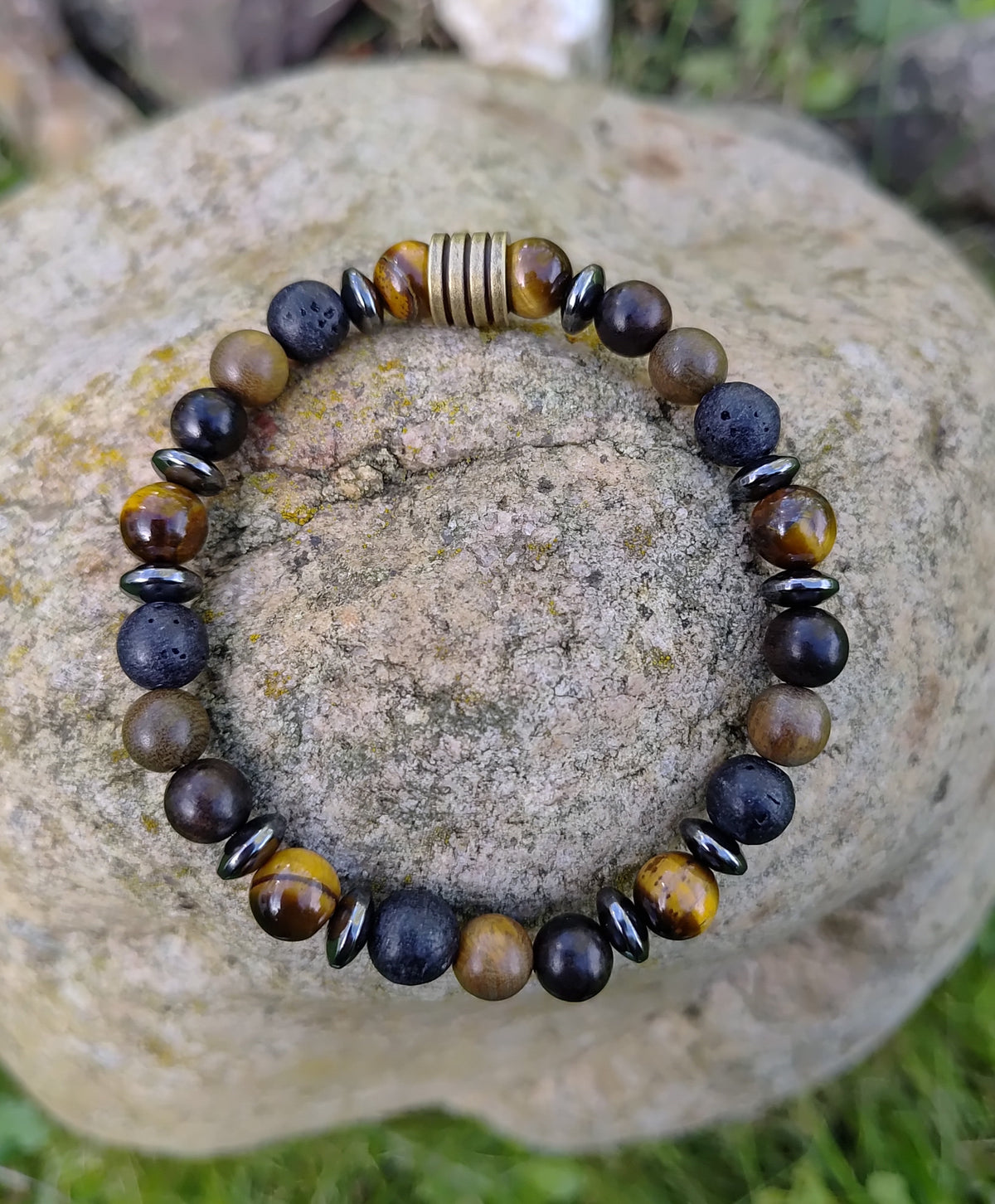 Tigerauge, Hämatit, Lavastein, Sandelholz + Edelstahl, elastisches Armband mit Naturstein, 8 mm