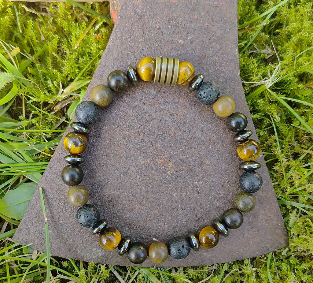 Tigerauge, Hämatit, Lavastein, Sandelholz + Edelstahl, elastisches Armband mit Naturstein, 8 mm