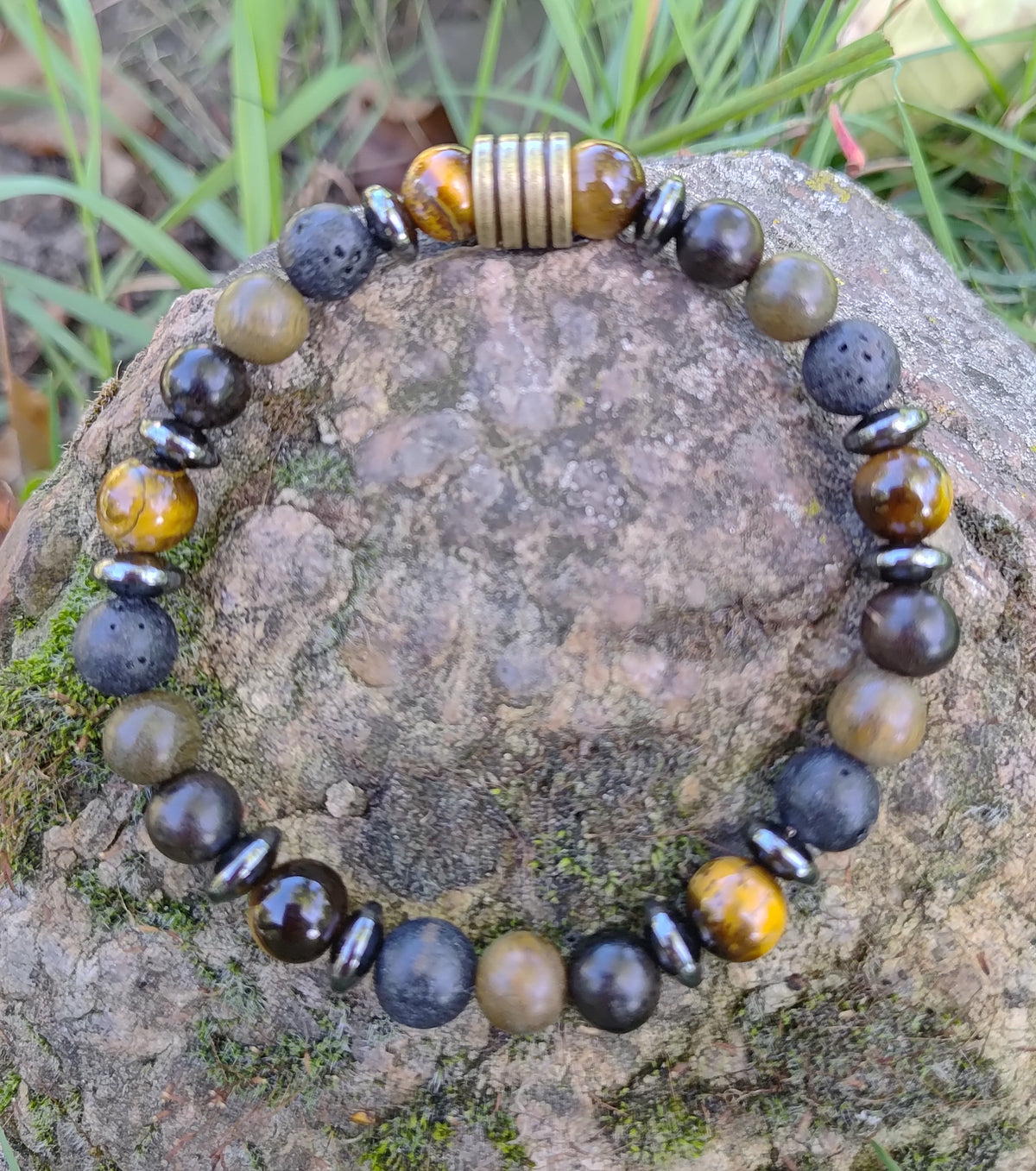 Tigerauge, Hämatit, Lavastein, Sandelholz + Edelstahl, elastisches Armband mit Naturstein, 8 mm