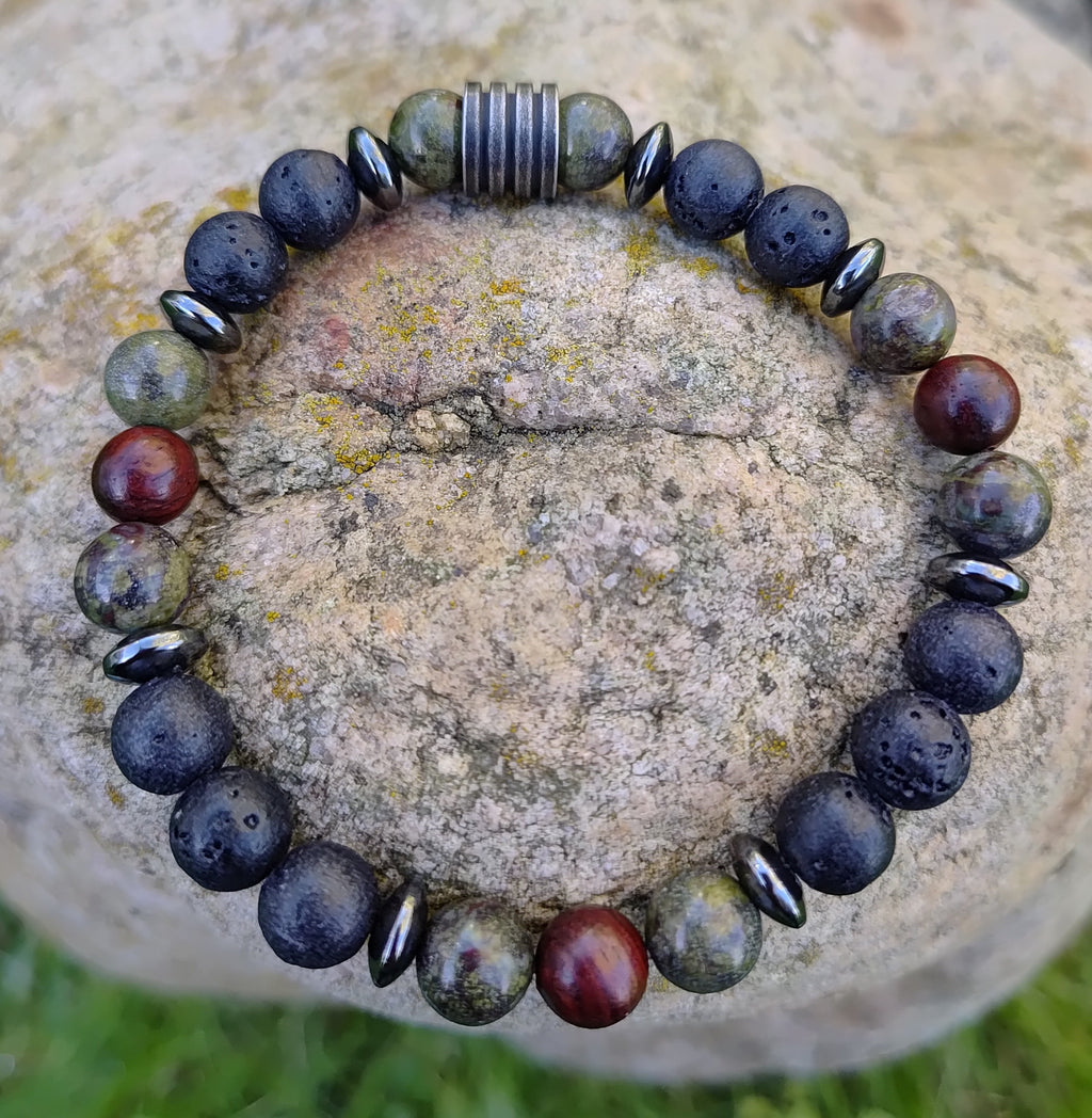 Drachenblut-Jaspis, Hämatit, Lavastein, Sandelholz + Edelstahl, elastisches Armband mit Naturstein, 8 mm