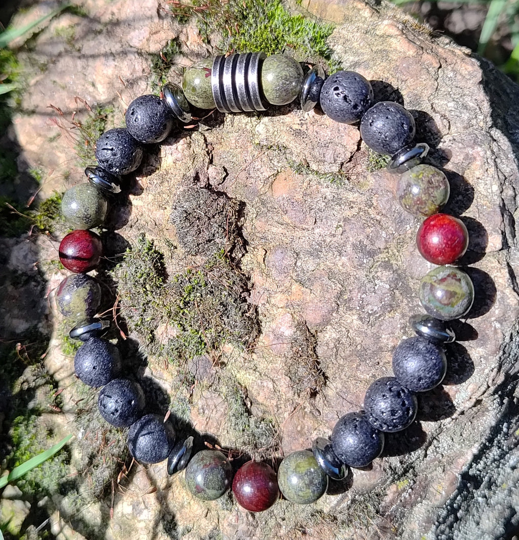 Drachenblut-Jaspis, Hämatit, Lavastein, Sandelholz + Edelstahl, elastisches Armband mit Naturstein, 8 mm