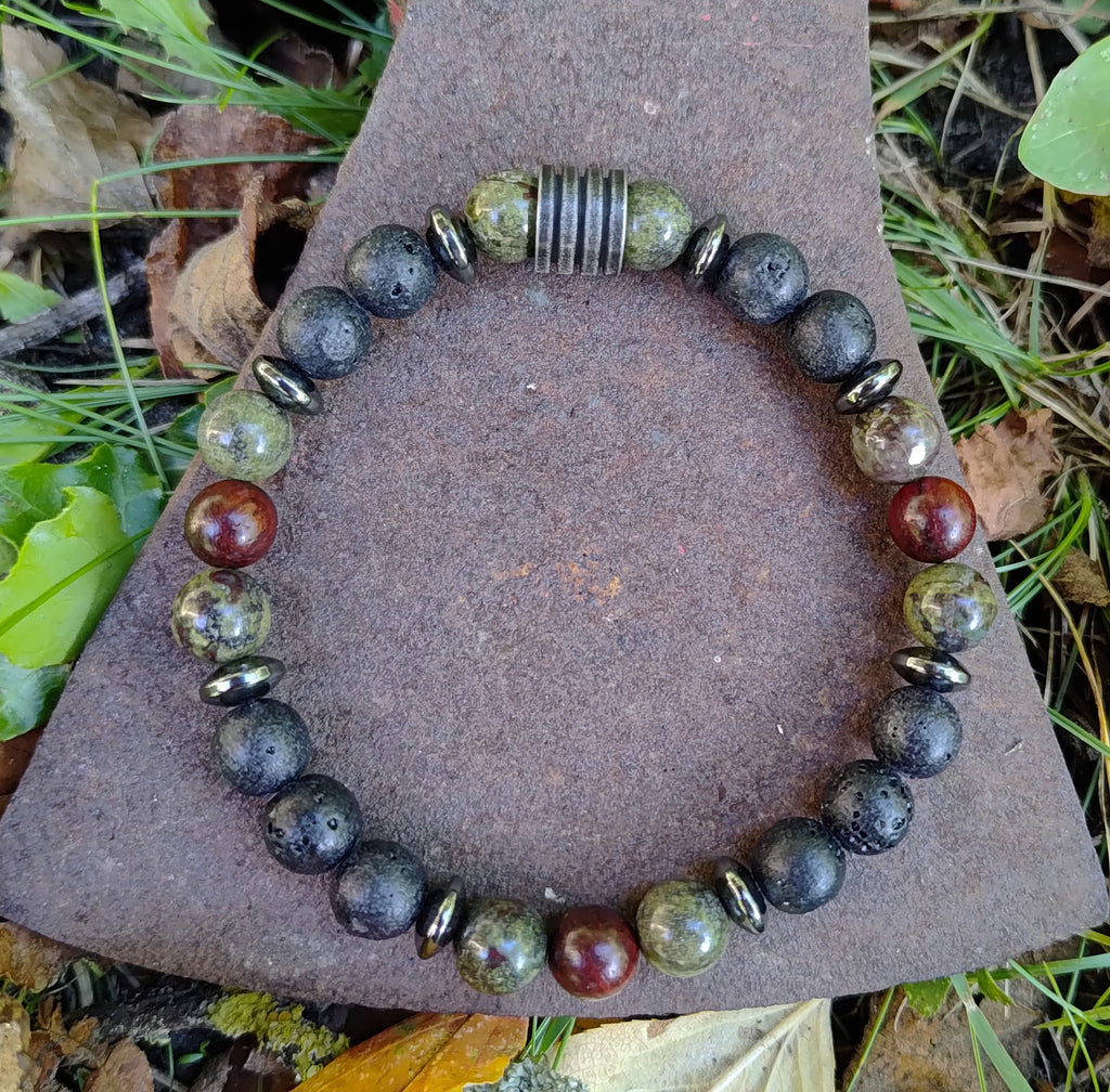 Drachenblut-Jaspis, Hämatit, Lavastein, Sandelholz + Edelstahl, elastisches Armband mit Naturstein, 8 mm