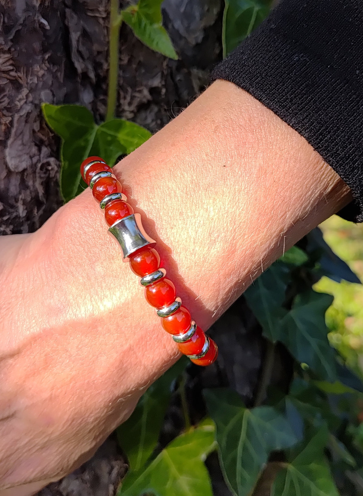 Karneol + Edelstahl, elastisches Armband mit Naturstein, 8 mm