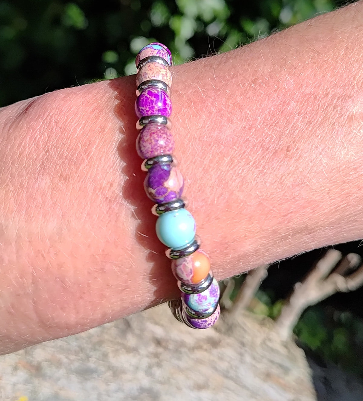 Lila Jaspis + Edelstahl, elastisches Armband mit Naturstein, 8 mm