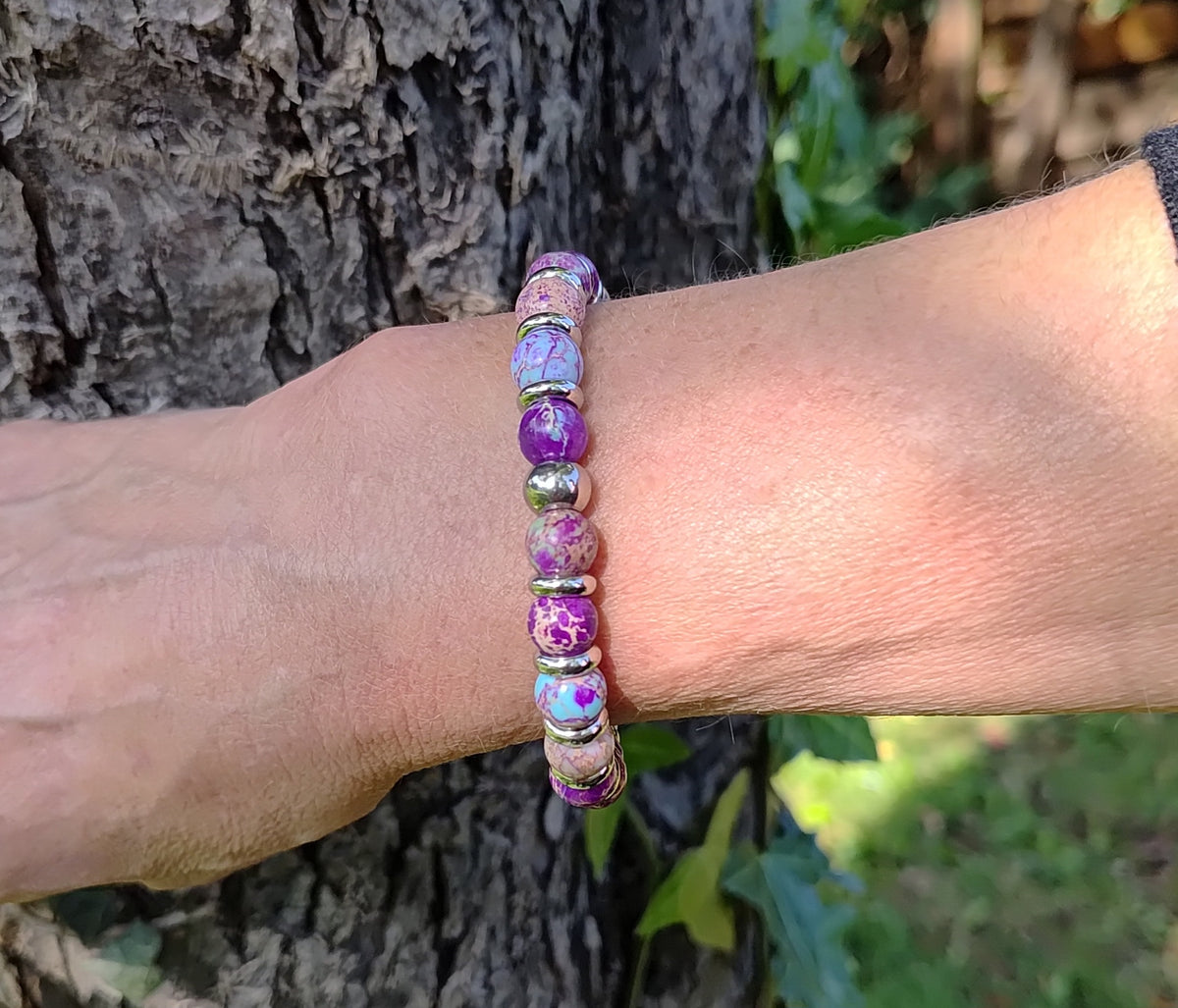 Lila Jaspis + Edelstahl, elastisches Armband mit Naturstein, 8 mm