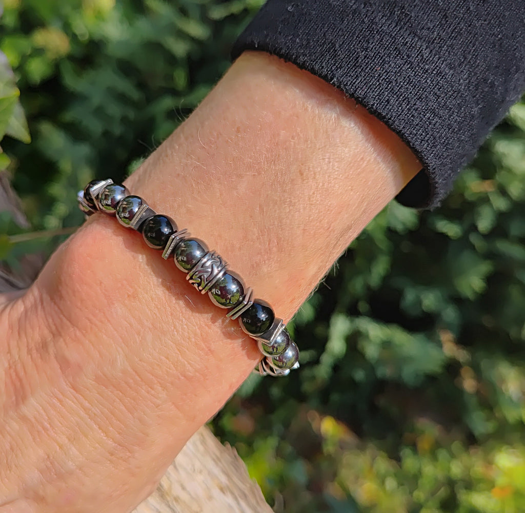 Hämatit, Onyx + Edelstahl, elastisches Armband mit Naturstein, 8 mm