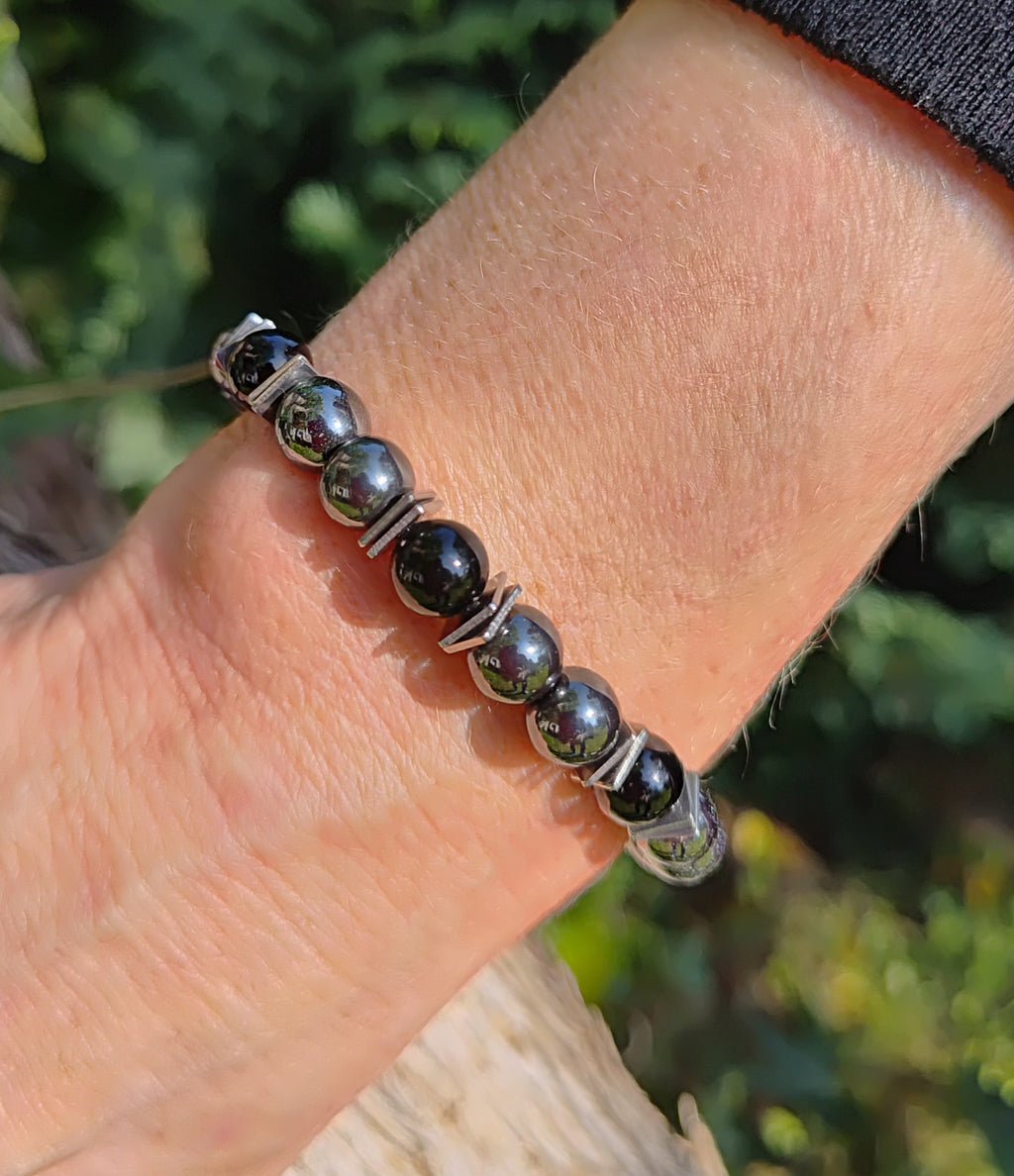 Hämatit, Onyx + Edelstahl, elastisches Armband mit Naturstein, 8 mm