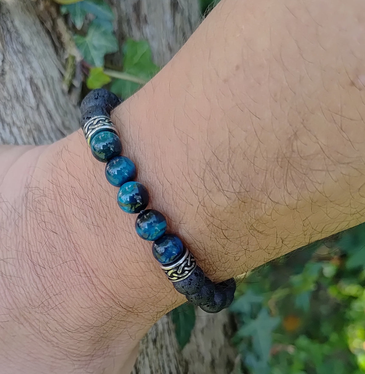 Blaues Tigerauge, Onyx, Lavastein + Edelstahl, elastisches Armband mit Naturstein, 8 mm