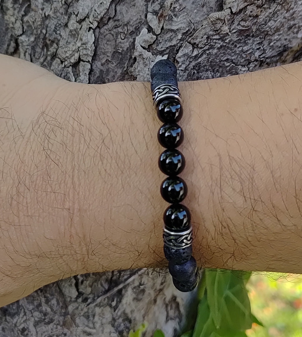 Blaues Tigerauge, Onyx, Lavastein + Edelstahl, elastisches Armband mit Naturstein, 8 mm