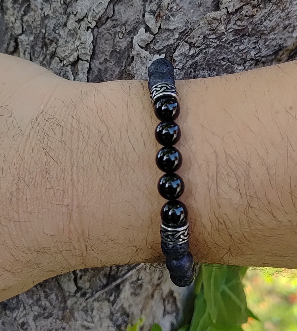 Blaues Tigerauge, Onyx, Lavastein + Edelstahl, elastisches Armband mit Naturstein, 8 mm