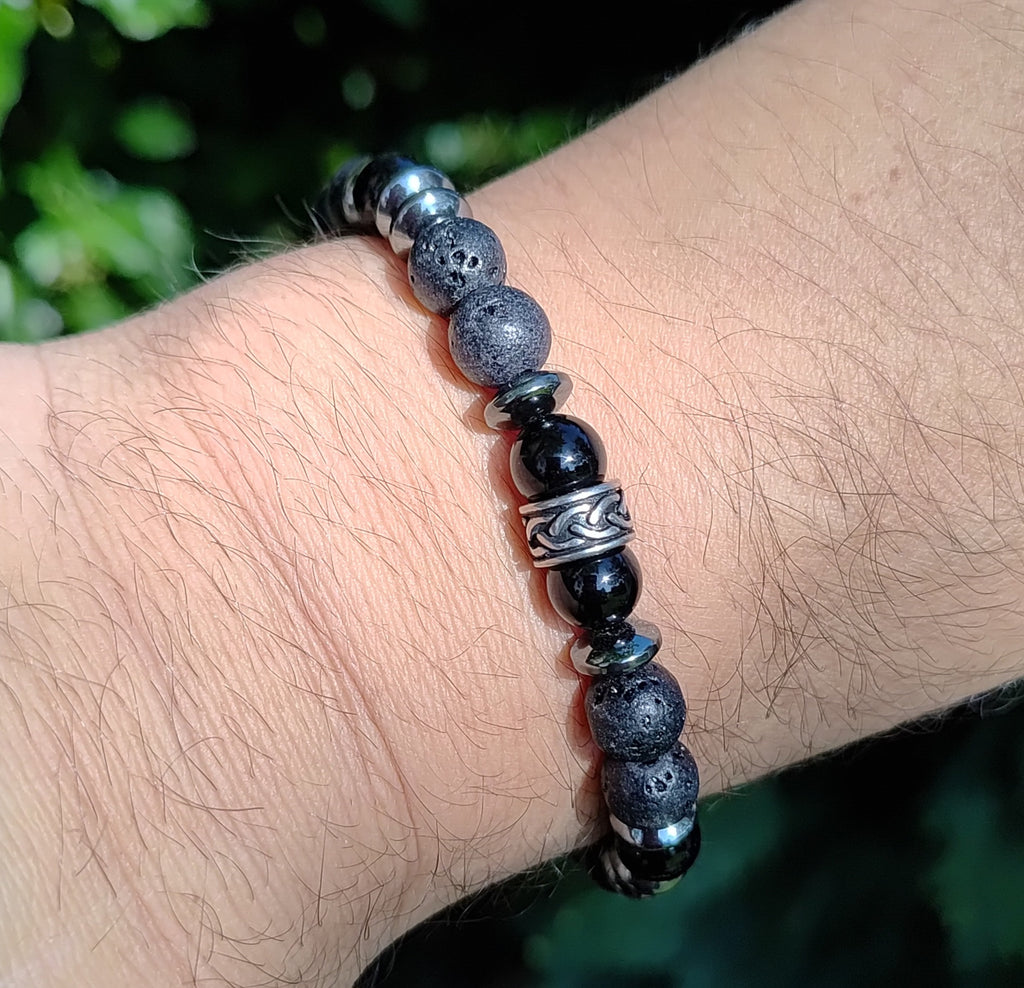 Onyx, Hämatit, Lavastein + Edelstahl, elastisches Armband mit Naturstein, 8 mm