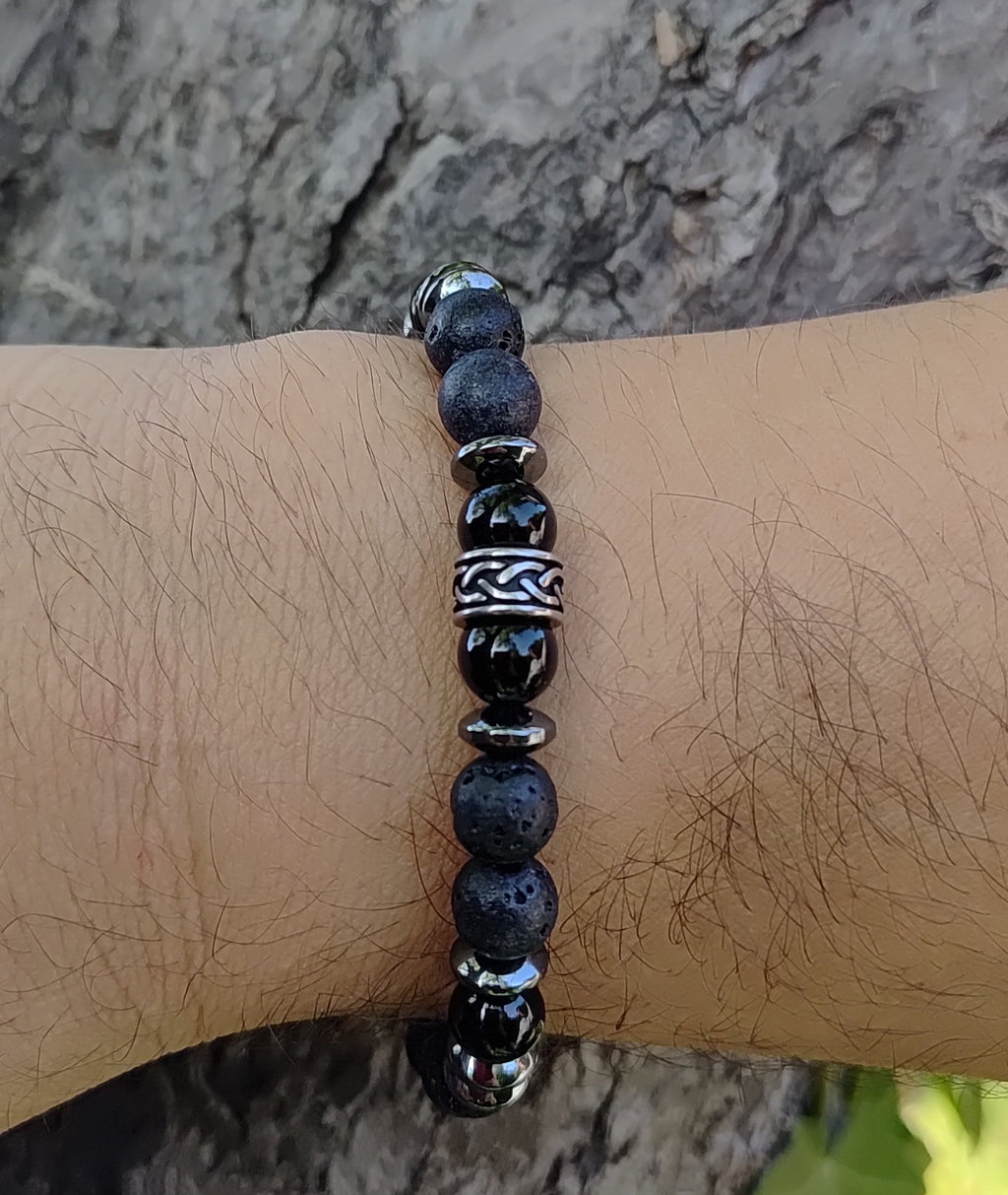 Onyx, Hämatit, Lavastein + Edelstahl, elastisches Armband mit Naturstein, 8 mm