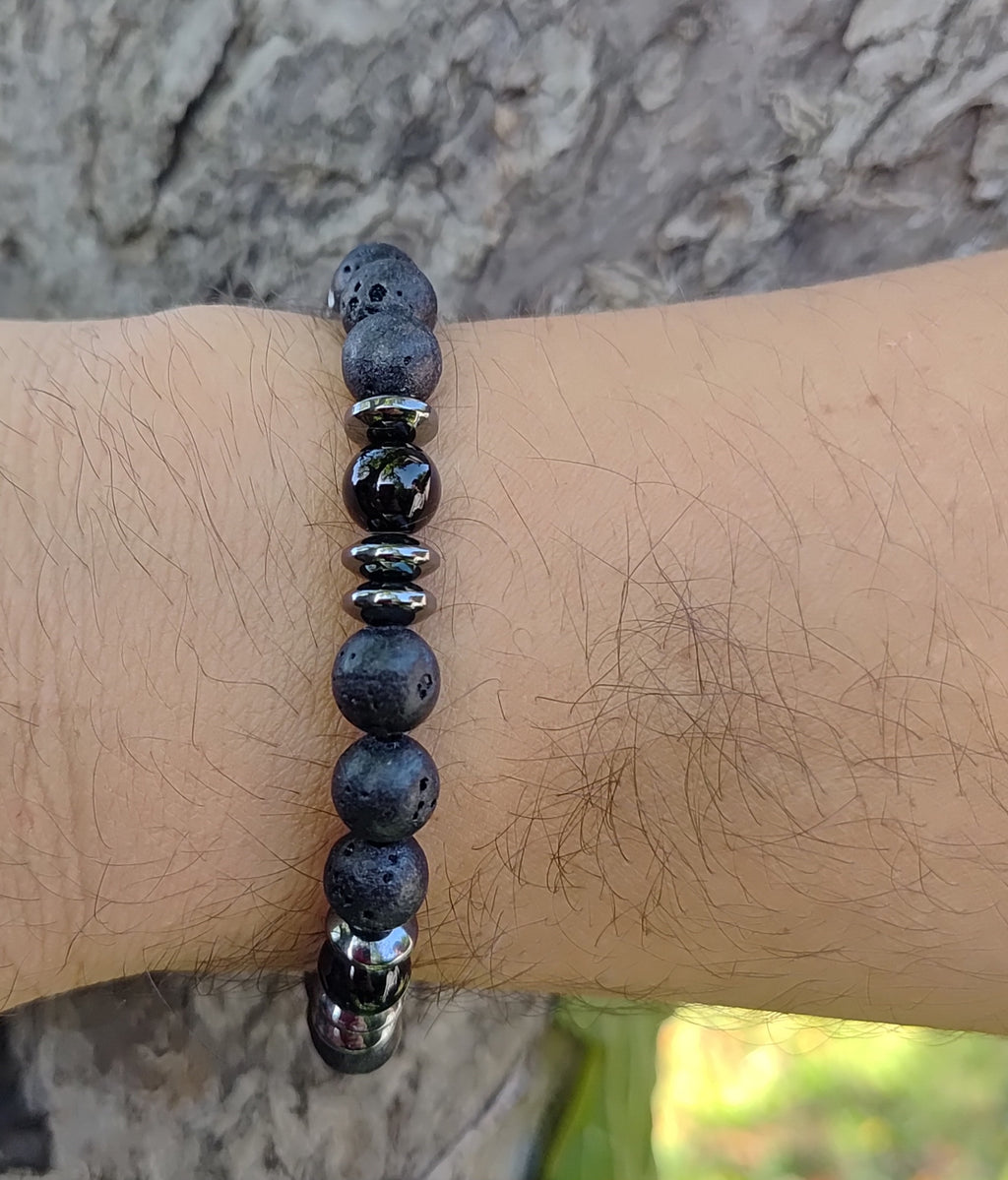 Onyx, Hämatit, Lavastein + Edelstahl, elastisches Armband mit Naturstein, 8 mm