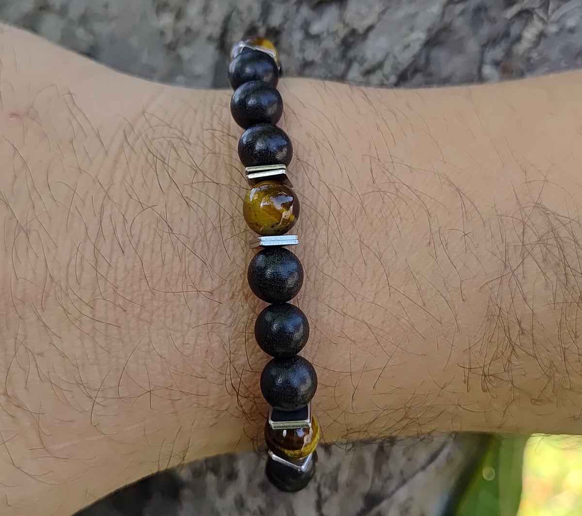 Tigerauge, Sandelholz + Edelstahl, elastisches Armband mit Naturstein, 8 mm