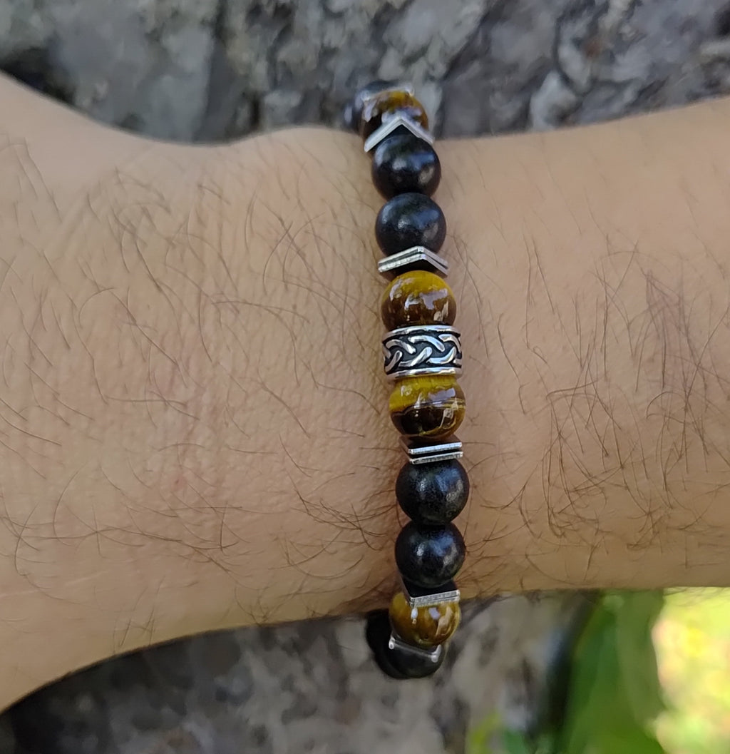Tigerauge, Sandelholz + Edelstahl, elastisches Armband mit Naturstein, 8 mm