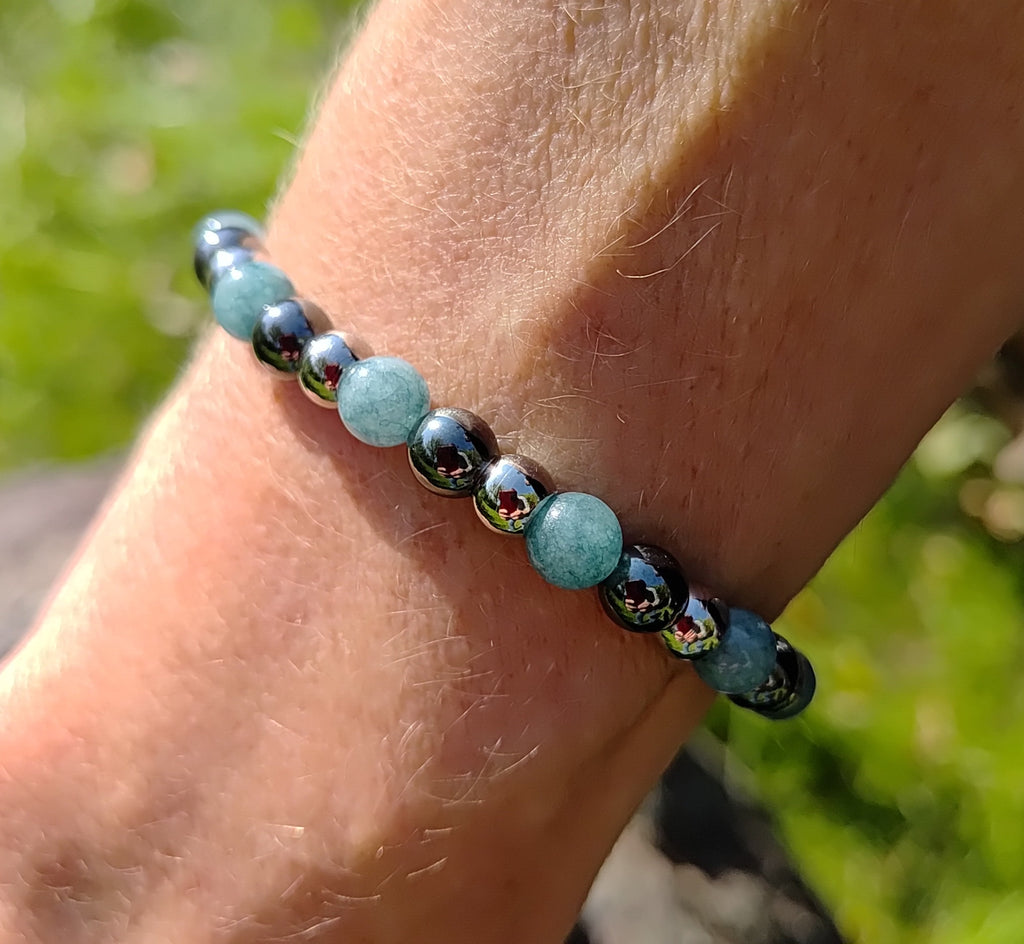 Aquamarin, Hämatit + Edelstahl, elastisches Armband mit Naturstein, 6 mm
