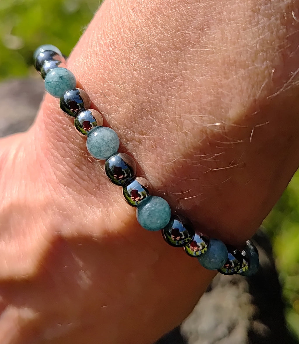 Aquamarin, Hämatit + Edelstahl, elastisches Armband mit Naturstein, 6 mm