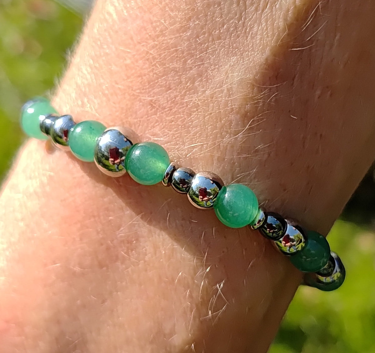 Aventurin, Hämatit + Edelstahl, elastisches Armband mit Naturstein,  6/4 mm