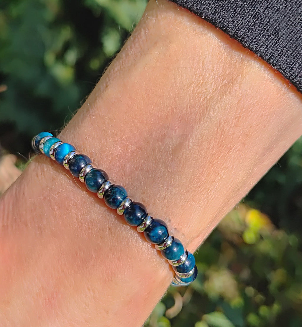 Blaues Tigerauge + Edelstahl, elastisches Armband mit Naturstein, 6 mm