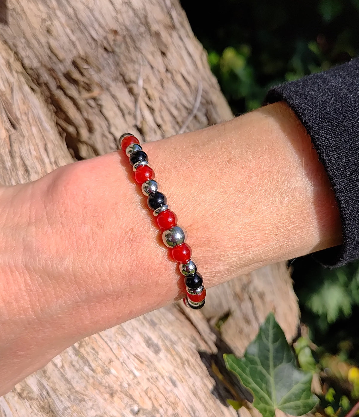 Karneol, Onyx + Edelstahl, elastisches Armband mit Naturstein, 6 mm