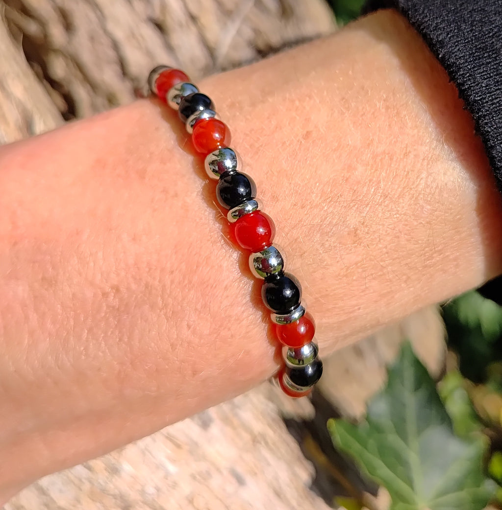 Karneol, Onyx + Edelstahl, elastisches Armband mit Naturstein, 6 mm