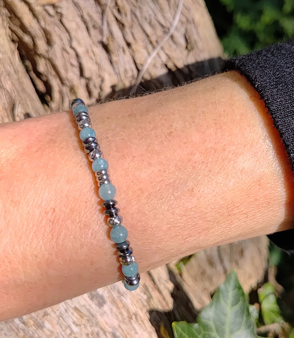 Aquamarin, Hämatit + Edelstahl, elastisches Armband mit Naturstein, 4 mm