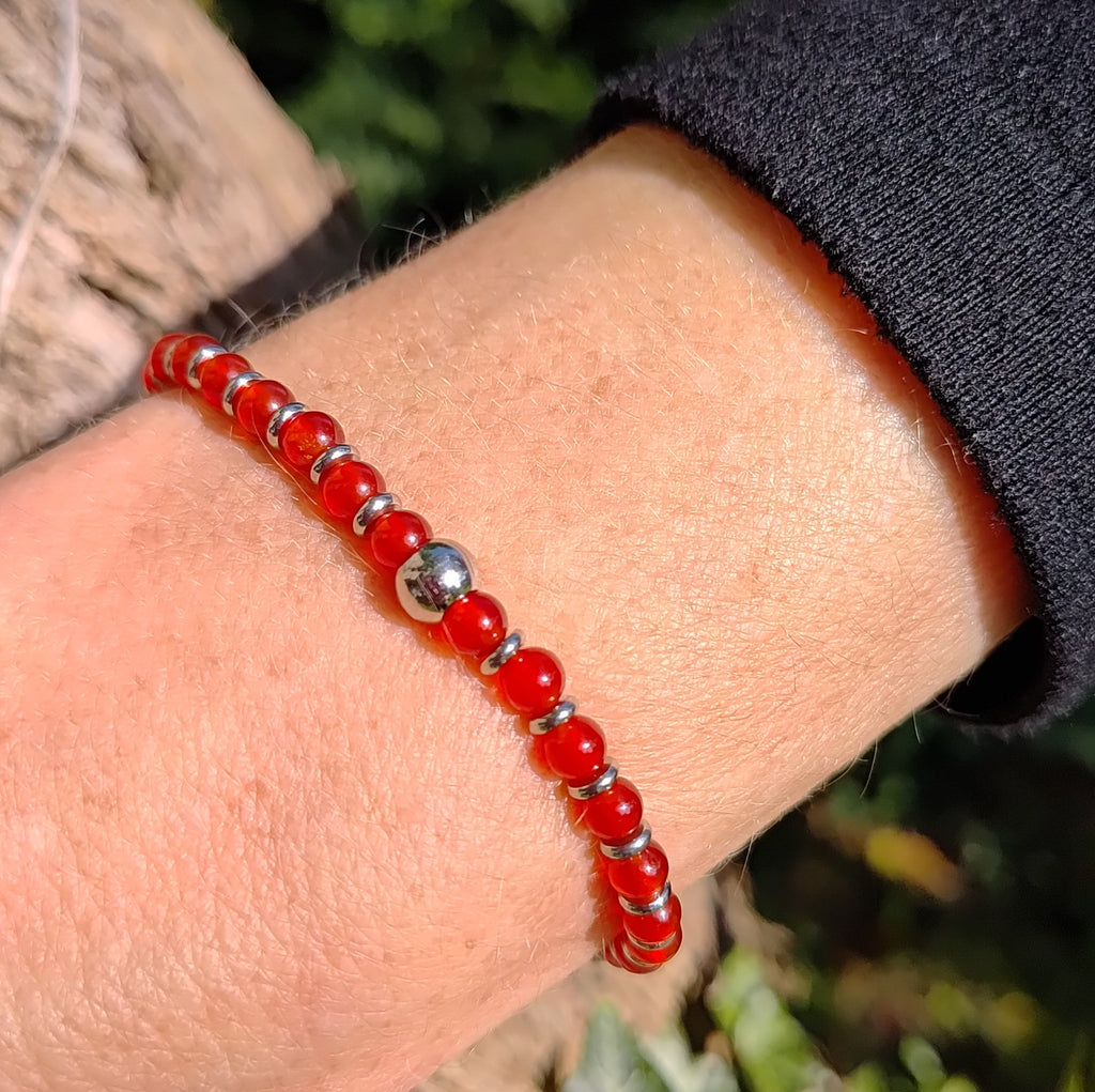Karneol + Edelstahl, elastisches Armband mit Naturstein, 4 mm