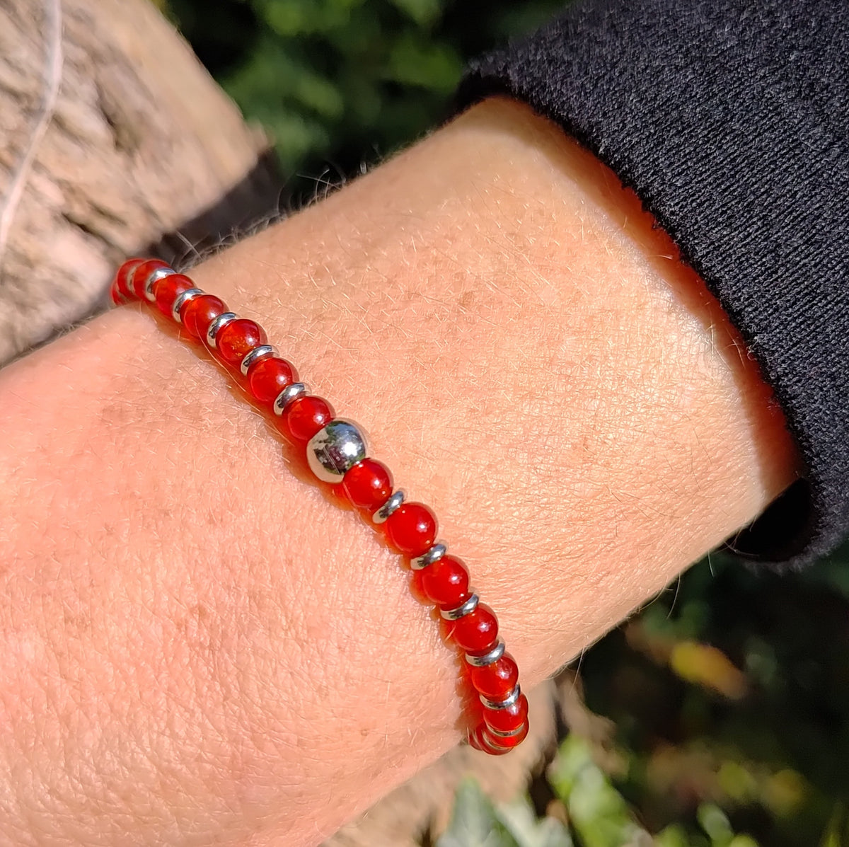 Karneol + Edelstahl, elastisches Armband mit Naturstein, 4 mm
