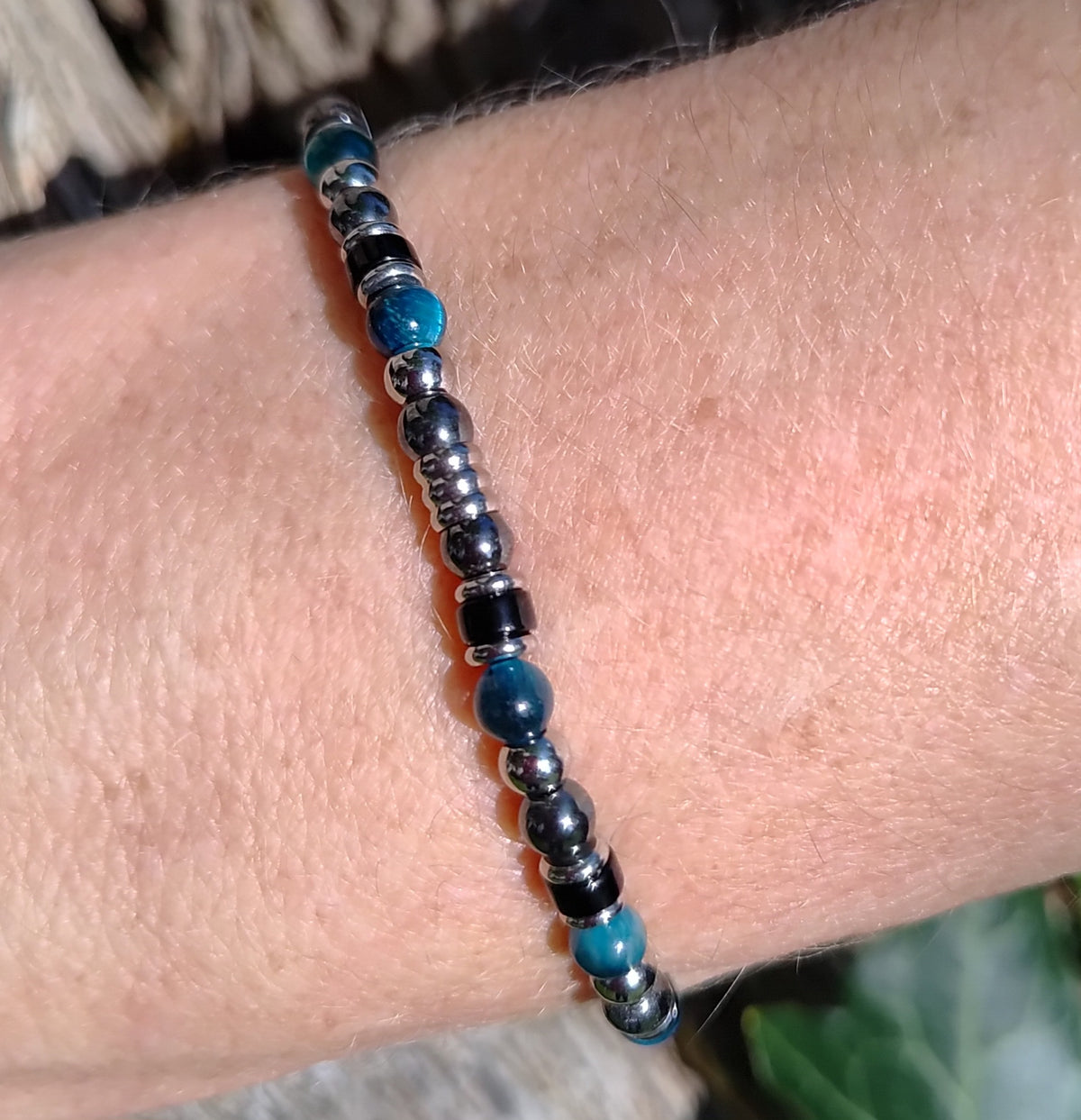 Blaues Tigerauge, Onyx, Hämatit + Edelstahl, elastisches Armband mit Naturstein, 4 mm