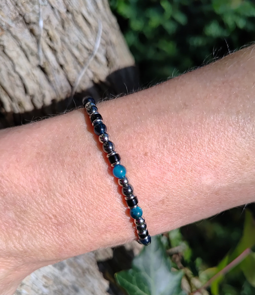 Blaues Tigerauge, Onyx, Hämatit + Edelstahl, elastisches Armband mit Naturstein, 4 mm