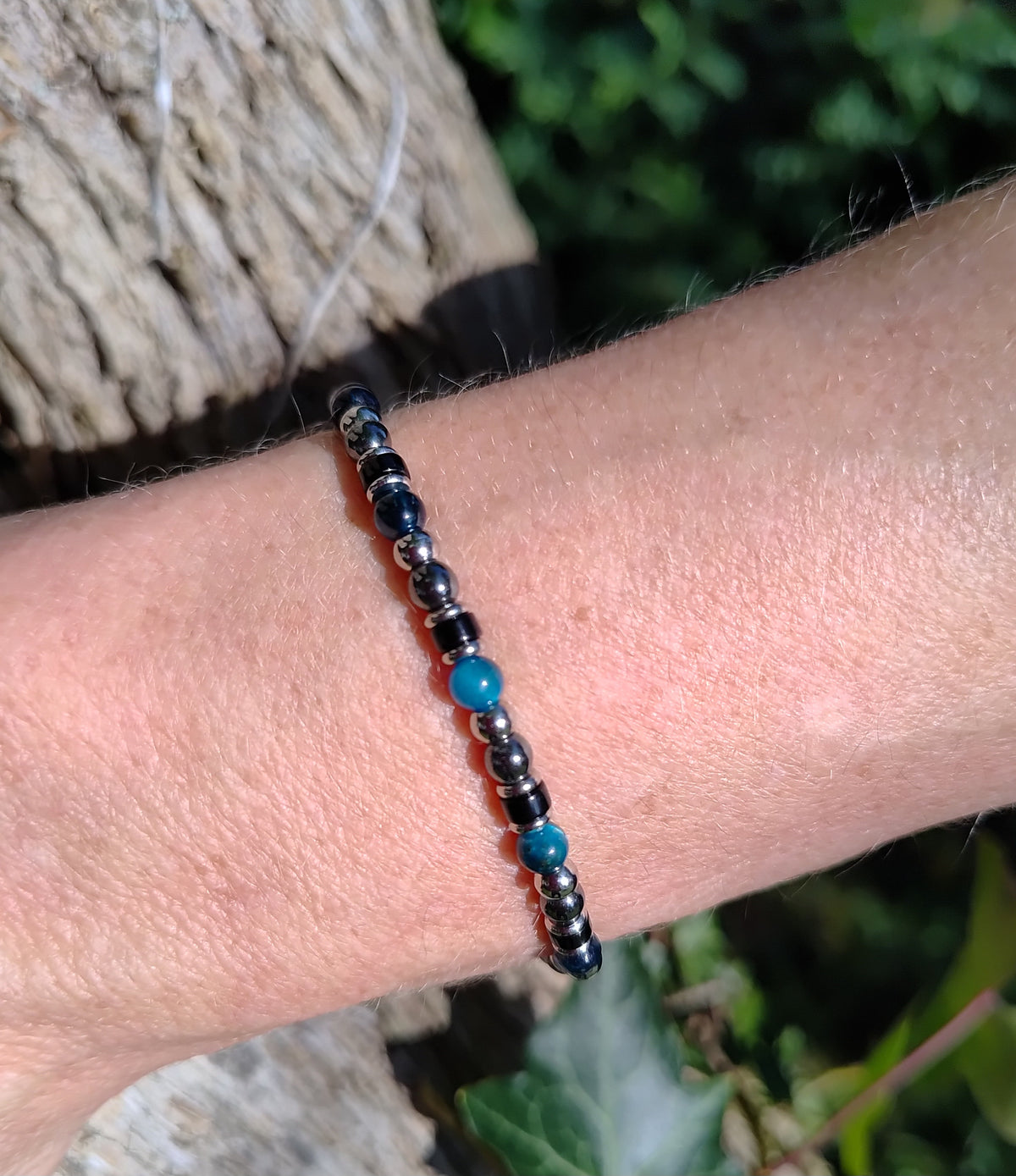 Blaues Tigerauge, Onyx, Hämatit + Edelstahl, elastisches Armband mit Naturstein, 4 mm