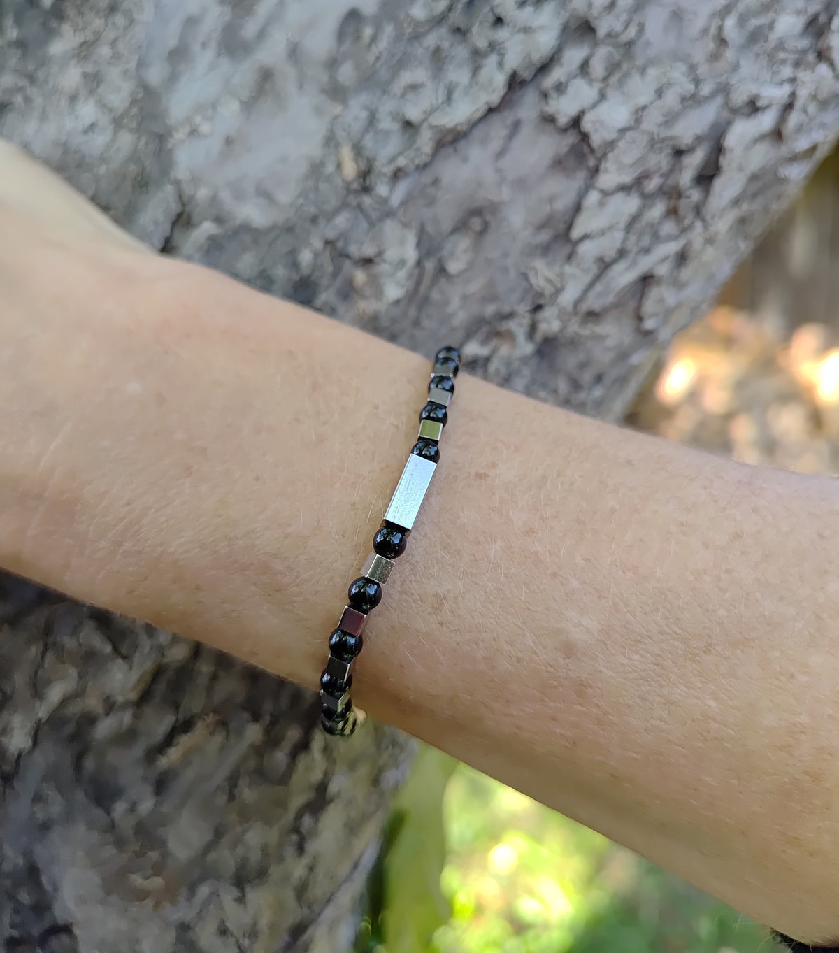 Onyx + Edelstahl, elastisches Armband mit Naturstein, 4 mm