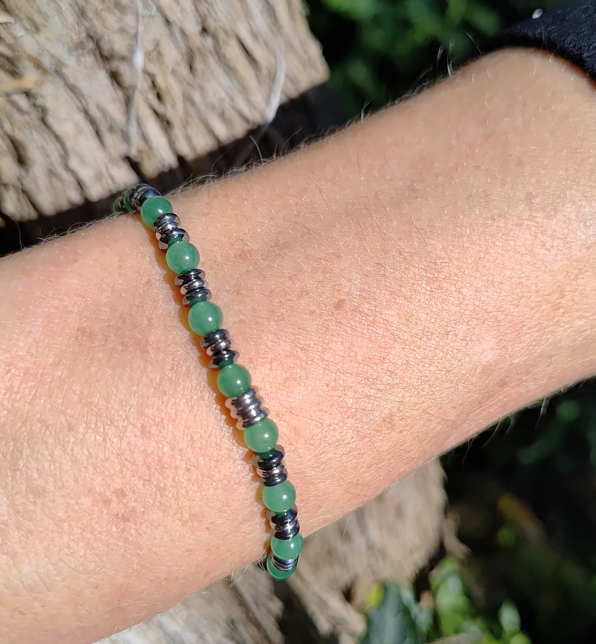 Aventurin, Hämatit + Edelstahl, elastisches Armband mit Naturstein, 6 mm