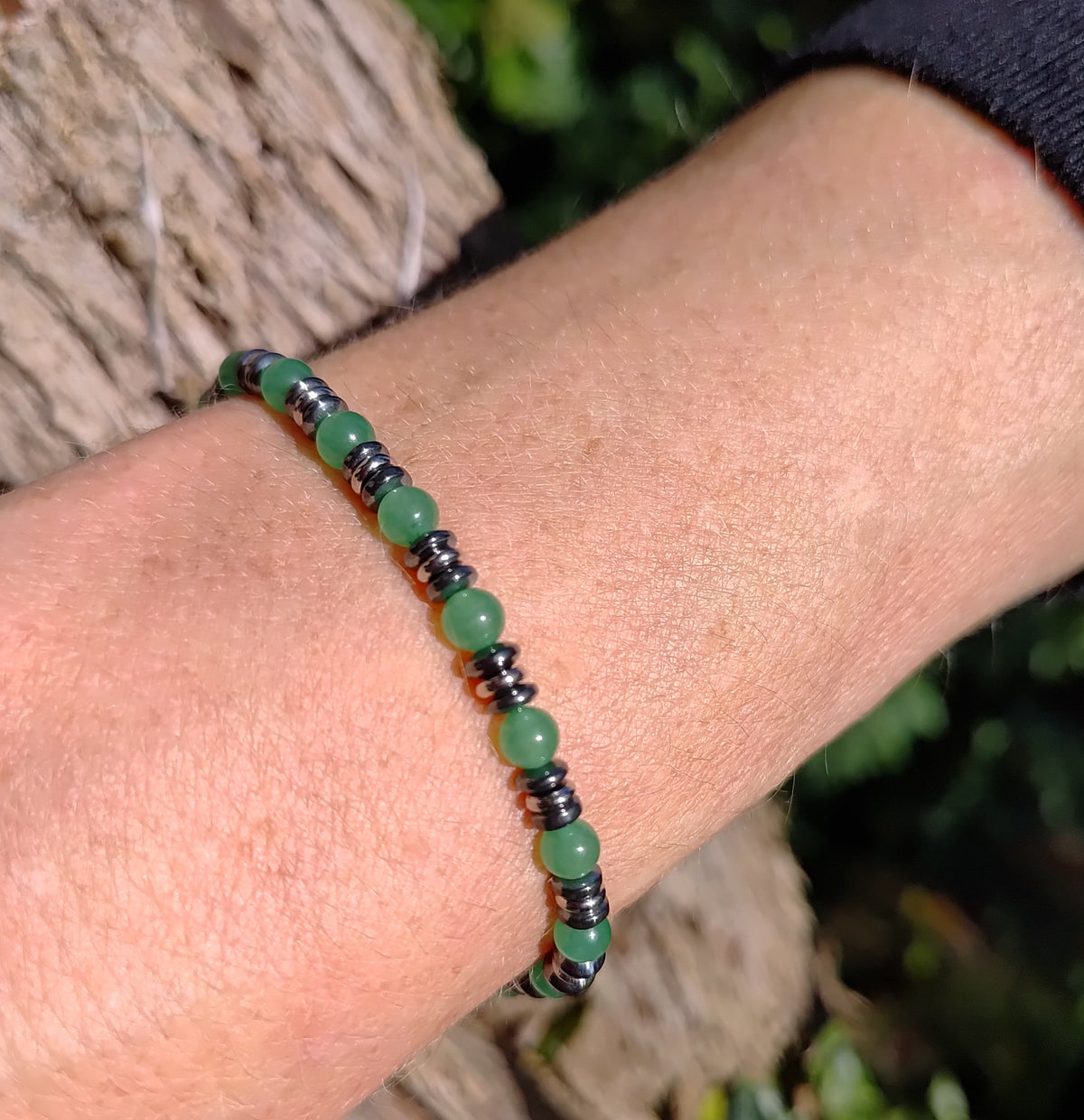 Aventurin, Hämatit + Edelstahl, elastisches Armband mit Naturstein, 6 mm