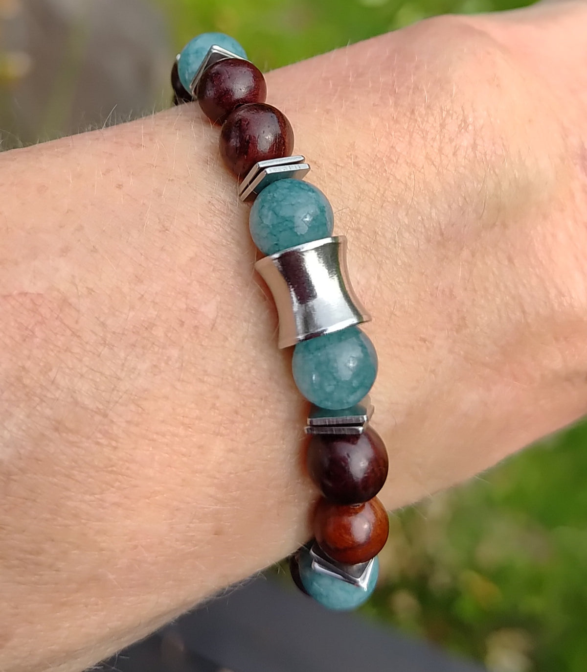 Aquamarin, Sandelholz + Edelstahl, elastisches Armband mit Naturstein, 8 mm