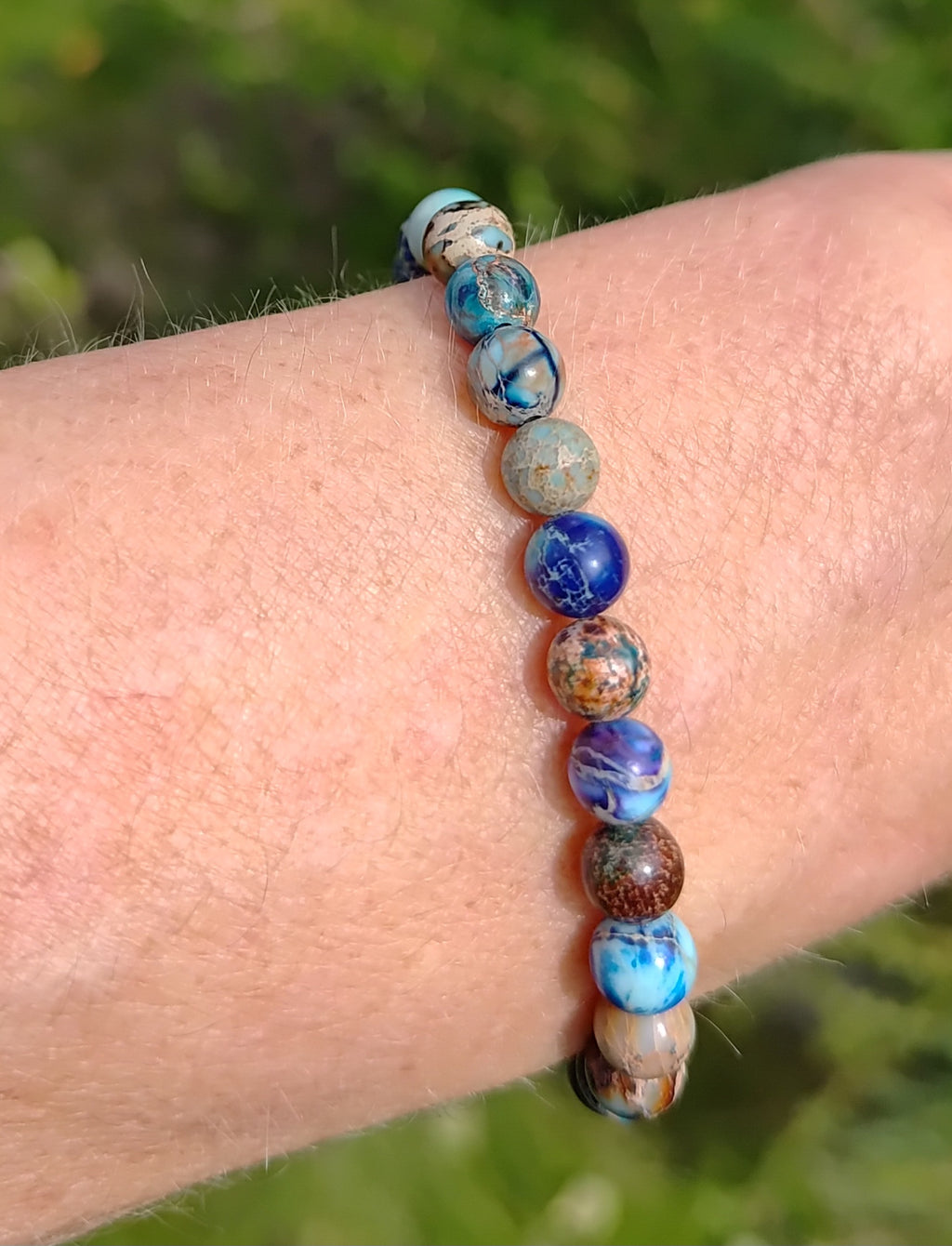 Blauer Jaspis + Edelstahl, elastisches Armband mit Naturstein, 6 mm