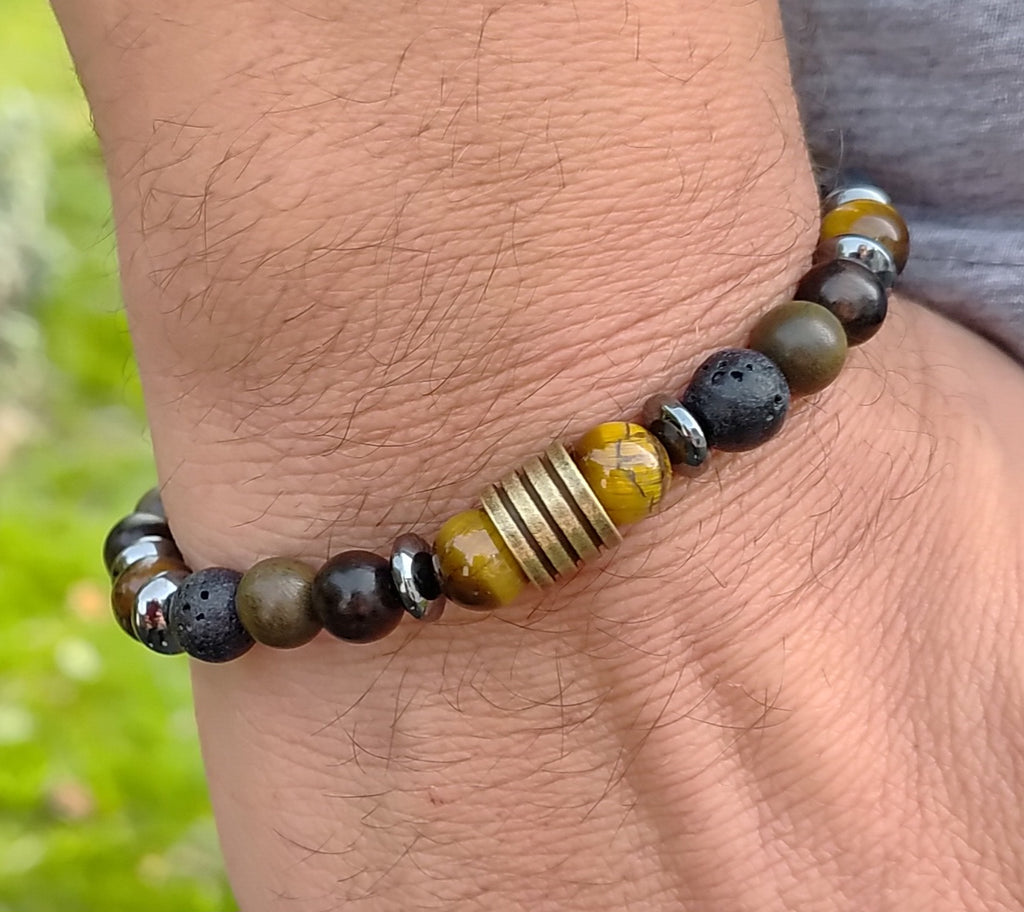 Tigerauge, Hämatit, Lavastein, Sandelholz + Edelstahl, elastisches Armband mit Naturstein, 8 mm