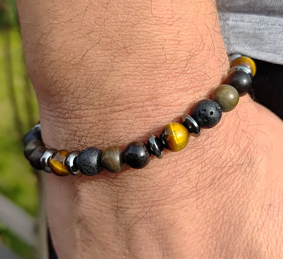 Tigerauge, Hämatit, Lavastein, Sandelholz + Edelstahl, elastisches Armband mit Naturstein, 8 mm