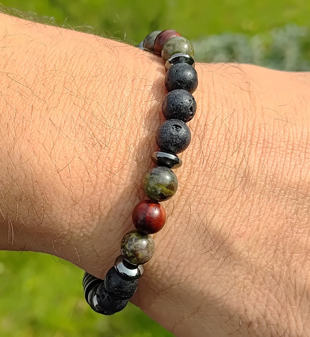 Drachenblut-Jaspis, Hämatit, Lavastein, Sandelholz + Edelstahl, elastisches Armband mit Naturstein, 8 mm