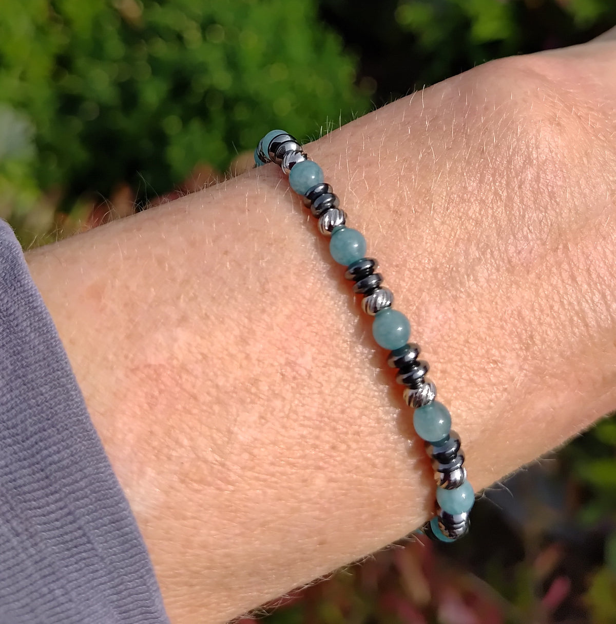 Aquamarin, Hämatit + Edelstahl, elastisches Armband mit Naturstein, 4 mm