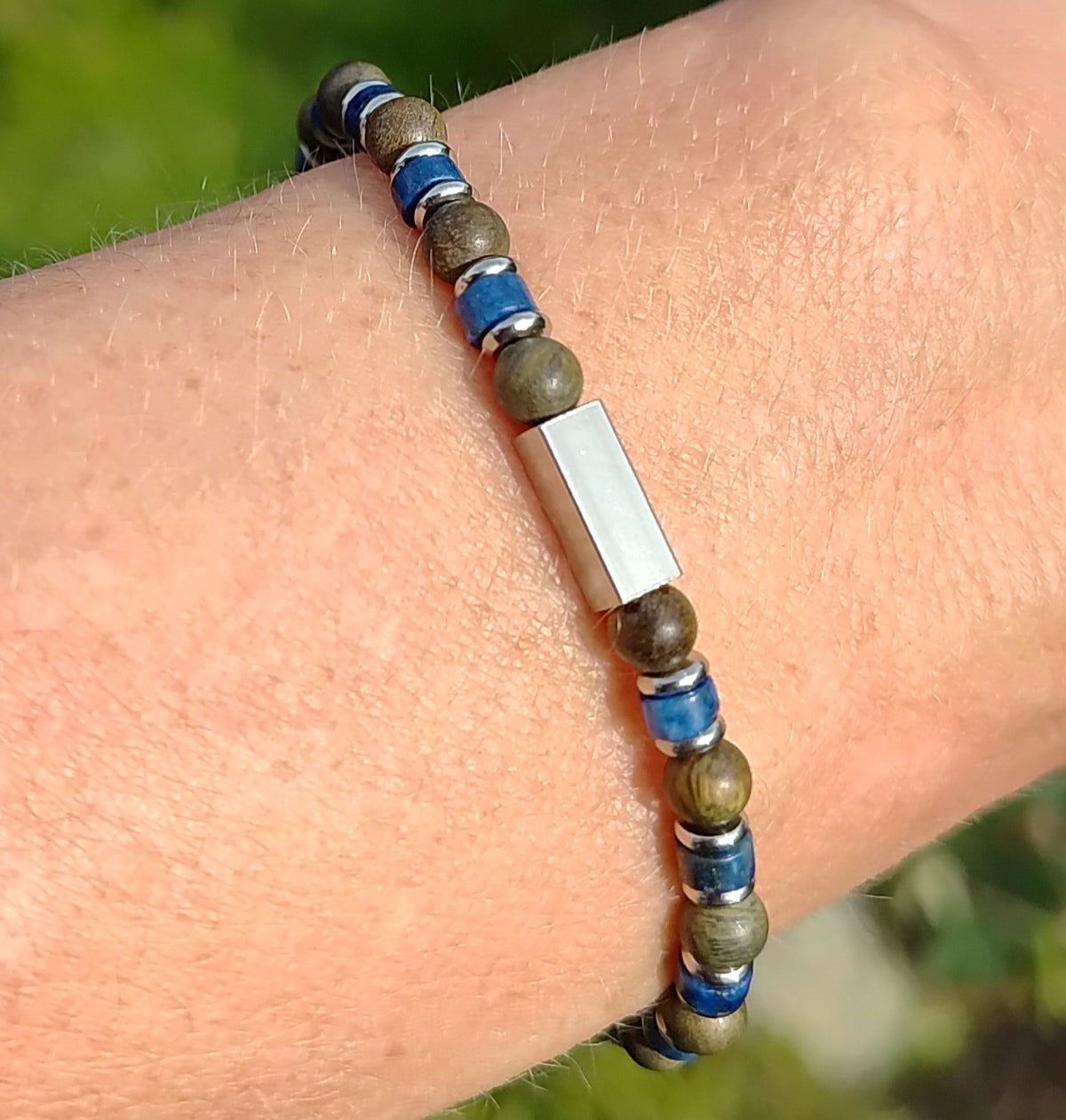 Lapislazuli, Sandelholz + Edelstahl, elastisches Armband mit Naturstein, 4 mm