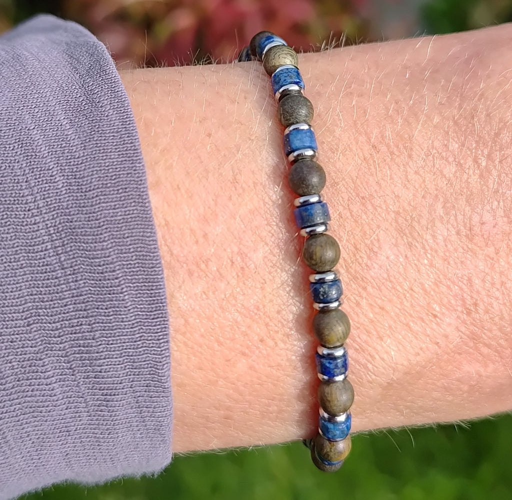 Lapislazuli, Sandelholz + Edelstahl, elastisches Armband mit Naturstein, 4 mm