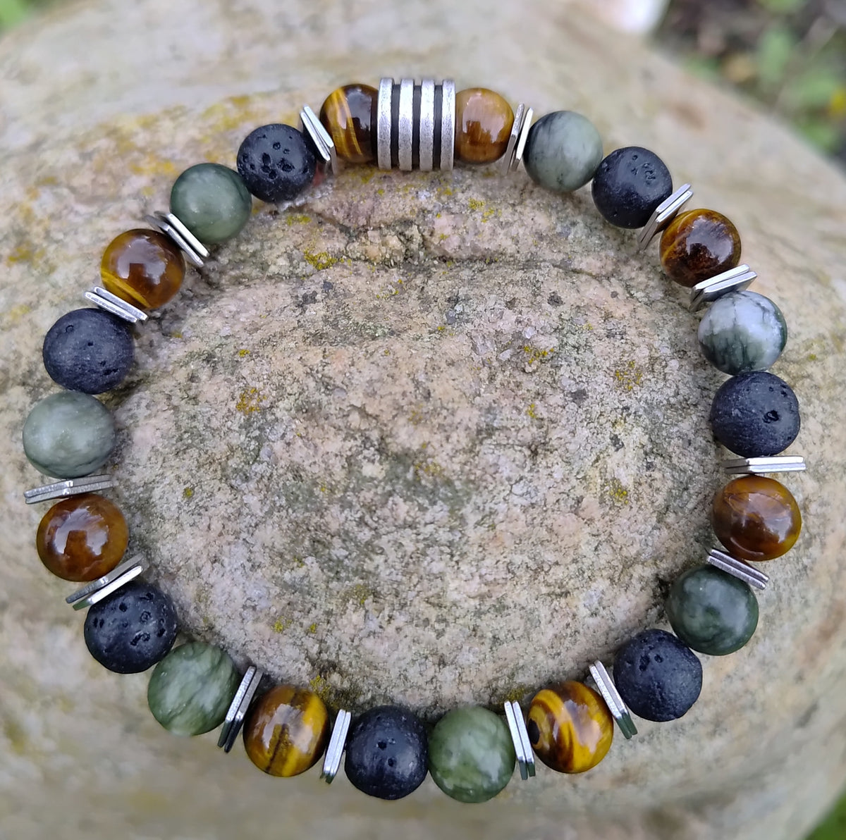 Tigerauge, grüne Jade, Lavastein + Edelstahl, elastisches Armband mit Naturstein, 8 mm