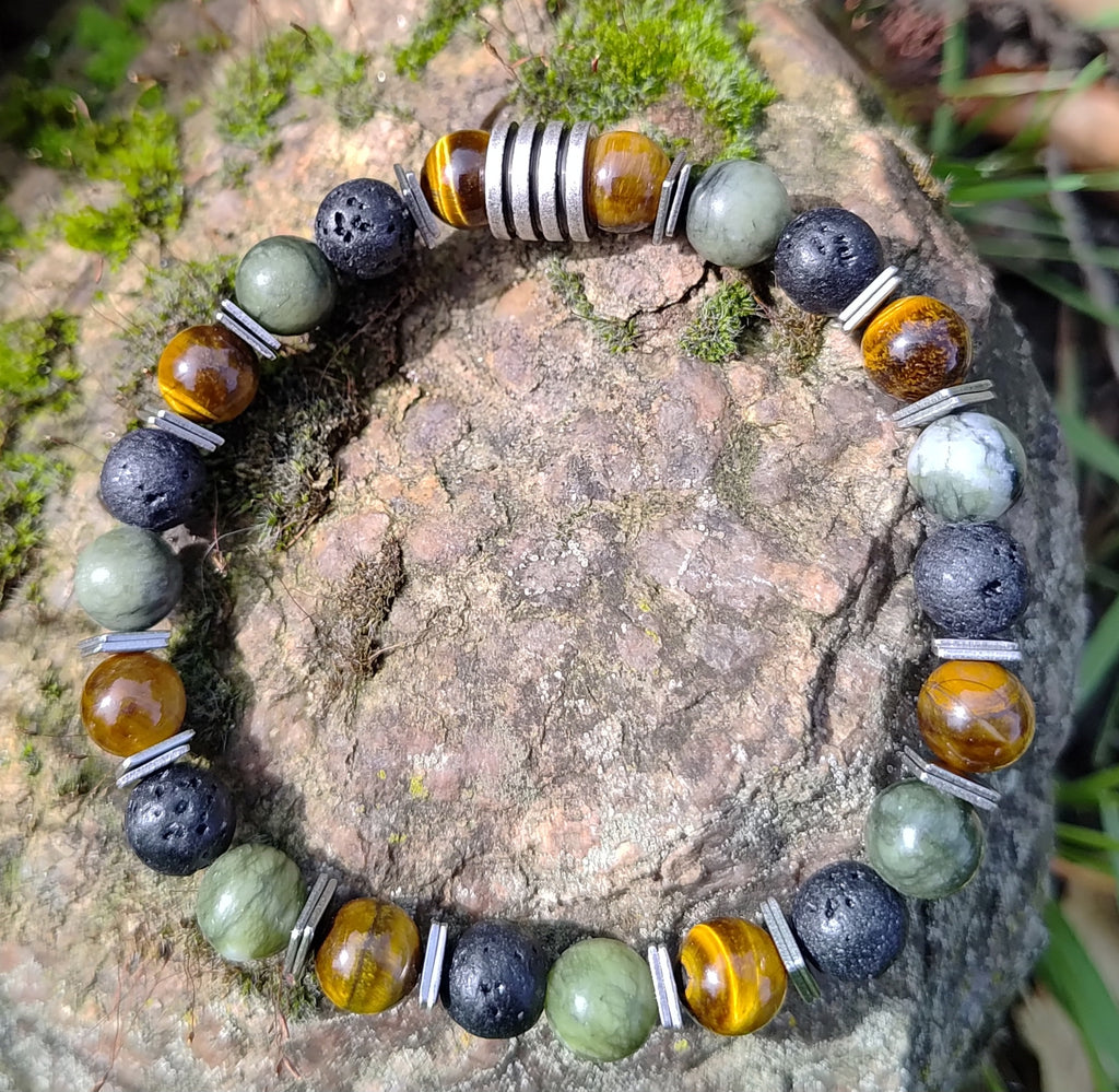 Tigerauge, grüne Jade, Lavastein + Edelstahl, elastisches Armband mit Naturstein, 8 mm