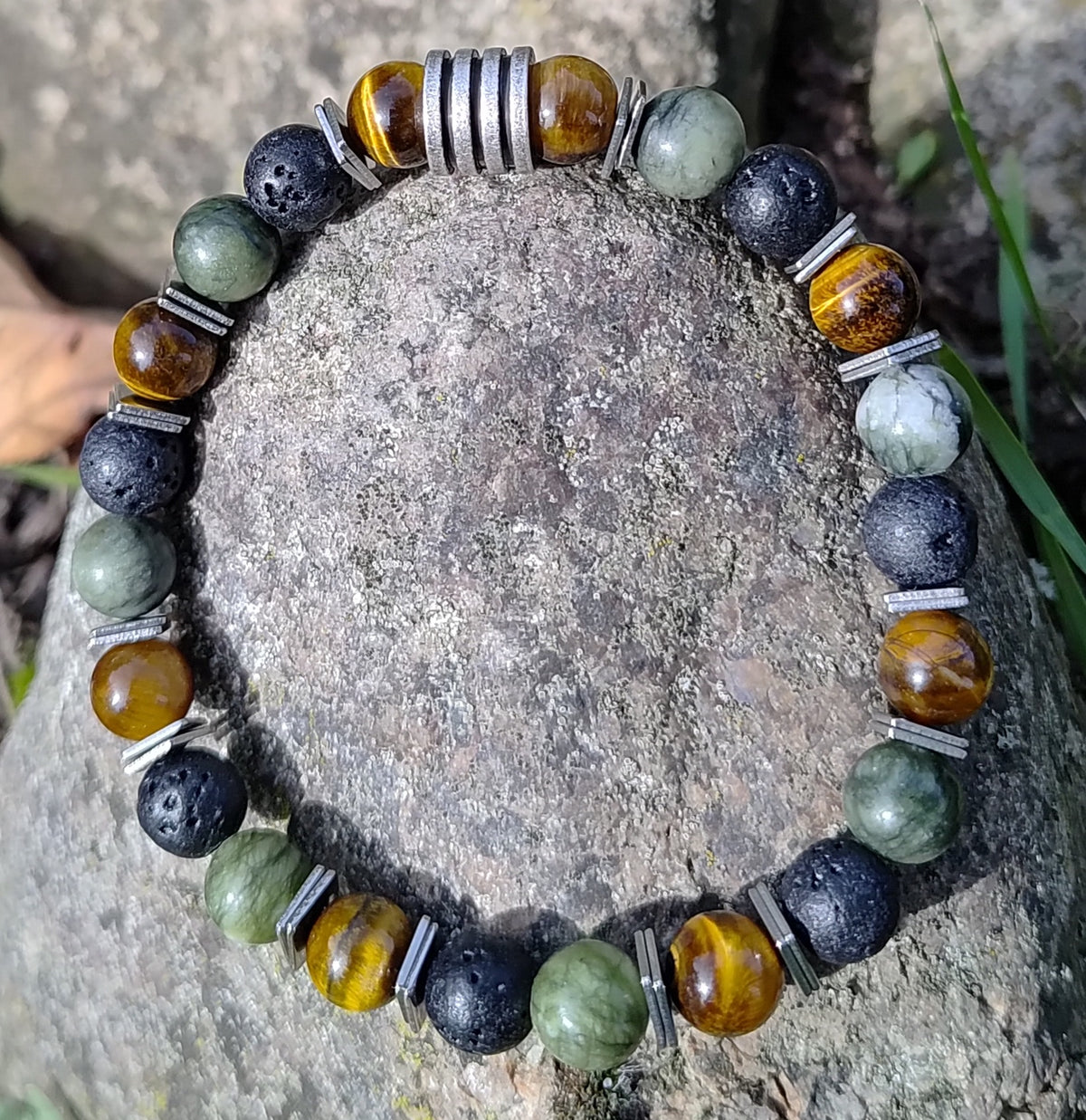 Tigerauge, grüne Jade, Lavastein + Edelstahl, elastisches Armband mit Naturstein, 8 mm