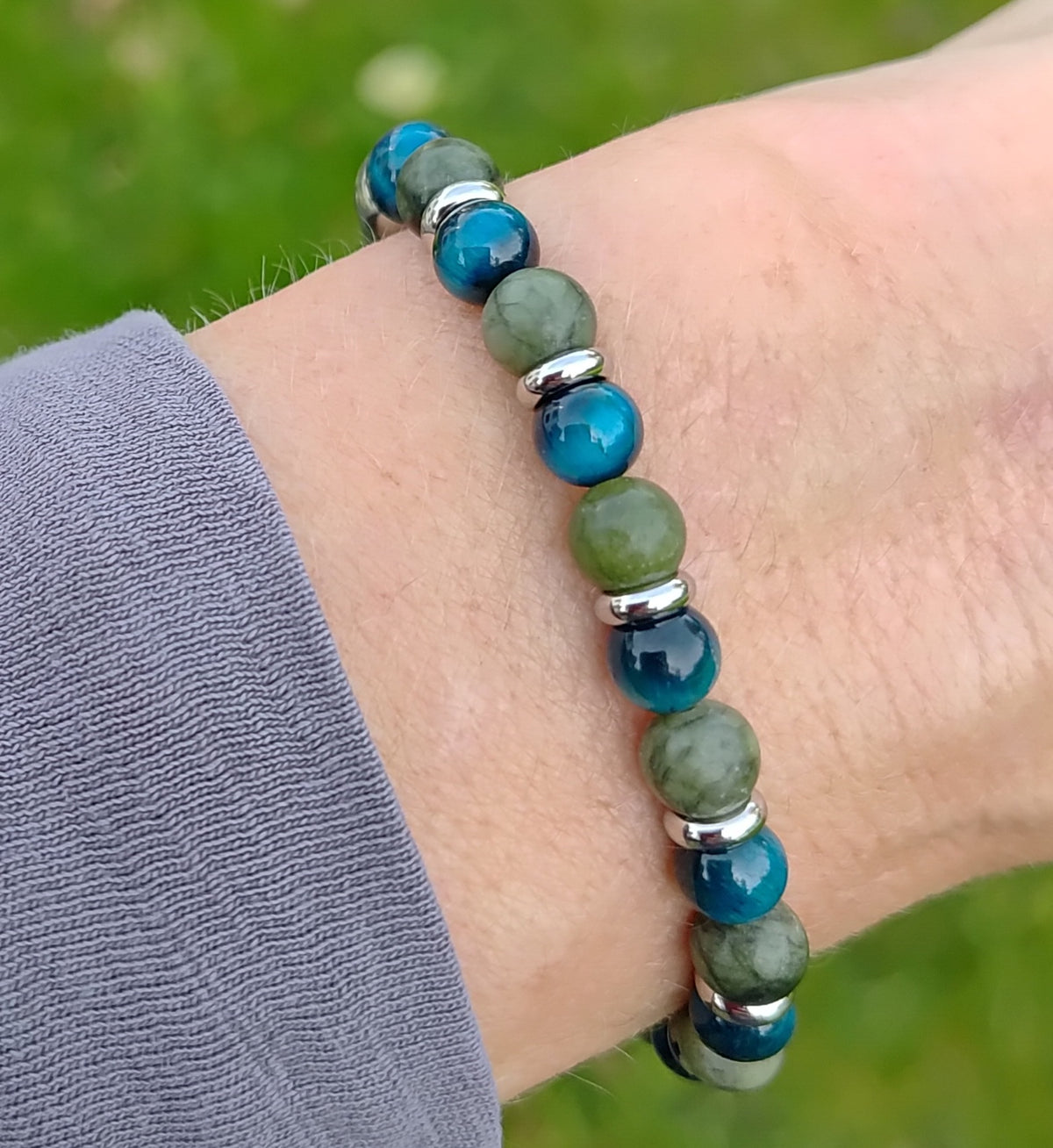 Grüne Jade, blaues Tigerauge + Edelstahl, elastisches Armband mit Naturstein, 6 mm